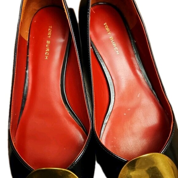 Tory Burch Patos Point Toe Black Flat Patent Leather Gold Medal, Womens Size 7 M - Picture 10 of 10